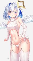 Rule 34 | 1girl, absurdres, amane kanata, angel wings, bare shoulders, blue hair, blush, bow, closed mouth, colored inner hair, commentary request, detached sleeves, ebifly401, feathered wings, garter straps, halo, highres, hololive, looking at viewer, medium hair, meme attire, mini wings, multicolored hair, navel, panties, purple eyes, side-tie panties, simple background, sleeveless, sleeveless sweater, sleeveless turtleneck, solo, star halo, stomach, streaked hair, sweater, thighhighs, thighs, turtleneck, turtleneck sweater, underwear, virgin destroyer sweater, virtual youtuber, white bow, white garter straps, white hair, white panties, white sweater, white thighhighs, wings
