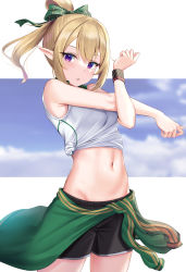 Rule 34 | 1girl, absurdres, bare arms, bare shoulders, black shorts, blonde hair, breasts, chloe (princess connect!), chloe (school festival) (princess connect!), clothes around waist, cowboy shot, crop top, cross-body stretch, green jacket, groin, highres, jacket, jacket around waist, long hair, looking at viewer, midriff, navel, parted lips, pointy ears, ponytail, princess connect!, purple eyes, rama (yu-light8), shirt, short shorts, shorts, side-tie shirt, sidelocks, sleeveless, sleeveless shirt, small breasts, solo, standing, stomach, sweatband, white shirt