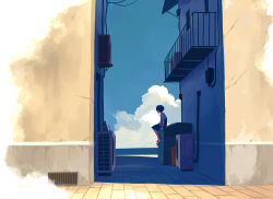 Rule 34 | 1boy, air conditioner, alley, balcony, blue sky, building, child, cloud, day, highres, looking afar, male focus, original, outdoors, scenery, shirt, shorts, sitting, sky, solo, t-shirt, taizo (taizo 03), white shirt