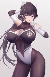 Rule 34 | 1girl, absurdres, azur lane, bare shoulders, black hair, bodystocking, bow, breasts, brown eyes, cleavage, cleavage cutout, clothing cutout, cowboy shot, elbow gloves, gloves, gradient background, grey background, hair flaps, highleg, highleg leotard, highres, large breasts, leotard, logo, long hair, looking at viewer, navel cutout, official alternate costume, ponytail, race queen, solo, takao (azur lane), takao (full throttle charmer) (azur lane), two-tone gloves, two-tone leotard, white bow, white gloves, yuuki shuri