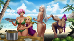 Rule 34 | 4girls, ass, beach, bikini, breasts, curvy, fruit, highres, huge breasts, lvl (sentrythe2310), multiple girls, plump, swimsuit, watermelon, wide hips