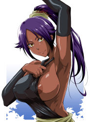 Rule 34 | 1girl, absurdres, areola slip, arm up, armpits, bleach, breasts, clothes pull, commentary, commentary request, dark-skinned female, dark areolae, dark skin, detached sleeves, high ponytail, highres, kimura naoki, large breasts, long hair, looking at viewer, nipple slip, nipples, no bra, ponytail, purple hair, shihouin yoruichi, shiny skin, sideboob, smile, solo, toned, upper body, yellow eyes