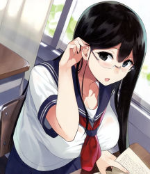 Rule 34 | 1girl, adjusting hair, black eyes, black hair, blush, breasts, cleavage, female focus, glasses, large breasts, long hair, looking at viewer, open mouth, sasamori tomoe, see-through, sitting, smile, solo