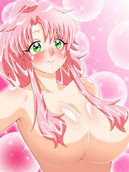 Rule 34 | 1girl, blush, breasts, convenient censoring, green eyes, hair censor, hair over breasts, highres, inabakun00, large breasts, long hair, nude, original, parted lips, pink background, pink hair, ponytail, rio (inaba), solo, sparkle, sparkle background, teeth, upper body