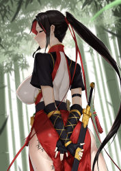 Rule 34 | 1girl, absurdres, arms behind back, ass, bamboo, bamboo forest, black gloves, black hair, blush, body writing, breasts, chinese clothes, closed eyes, covered erect nipples, dawalixi, elbow gloves, fingerless gloves, forest, gloves, hair ribbon, high ponytail, highres, holding, holding sword, holding weapon, implied after sex, large breasts, long hair, nature, original, pelvic curtain, ribbon, sheath, sheathed, sideboob, skin tight, solo, sweat, sword, tally, weapon, wet, wet clothes