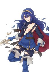 Rule 34 | 1girl, blue hair, bodysuit, breasts, female focus, fire emblem, fire emblem awakening, hair between eyes, lucina (fire emblem), monorus, nintendo, nipples, no bra, open mouth, simple background, small breasts, solo, sword, thighhighs, torn bodysuit, torn clothes, weapon, white background