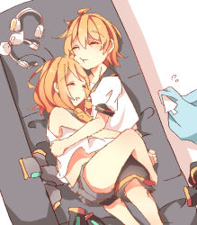 Rule 34 | 1boy, 1girl, arms around waist, bare arms, bare legs, barefoot, blonde hair, bow, brother and sister, cheek press, unworn clothes, couch, cursor, detached sleeves, drooling, hair bow, hair ornament, hairclip, headphones, headphones removed, headset, hug, kagamine len, kagamine rin, leg lock, leg warmers, lying, necktie, on couch, on side, sailor collar, saliva, sazanami (ripple1996), shorts, siblings, sketch, sleeping, twins, vocaloid