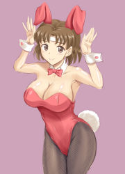 Rule 34 | 1girl, animal ears, bow, bowtie, breasts, brown eyes, brown hair, chiyoda (kancolle), cleavage, cowboy shot, detached collar, fake animal ears, headband, kantai collection, kishi nisen, large breasts, leotard, looking at viewer, pantyhose, playboy bunny, purple background, rabbit ears, rabbit girl, rabbit pose, rabbit tail, red bow, red bowtie, red leotard, short hair, simple background, smile, solo, strapless, strapless leotard, tail, wrist cuffs