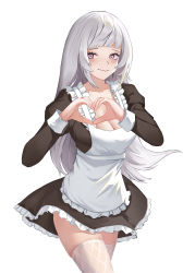 Rule 34 | 1girl, absurdres, alternate costume, apron, azur lane, blush, boost404, breasts, cleavage, closed mouth, collarbone, feet out of frame, fishnet thighhighs, fishnets, grey hair, heart, heart-shaped pupils, heart hands, highres, long hair, looking at viewer, maid, maid apron, medium breasts, purple eyes, smile, solo, standing, symbol-shaped pupils, thighhighs, white apron, white background, white thighhighs, yorck (azur lane)