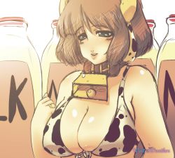 Rule 34 | 1girl, bell, bottle, breasts, brown hair, cow girl, green eyes, horns, huge breasts, milk, winterweather