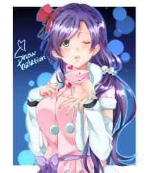 Rule 34 | 10s, 1girl, between breasts, blowing kiss, blush, braid, breasts, chun (ya i memories), green eyes, hat, heart, highres, long hair, looking at viewer, love live!, love live! school idol project, mini hat, mini top hat, one eye closed, open mouth, purple hair, smile, snow halation, solo, top hat, tojo nozomi