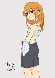 Rule 34 | 1girl, black shorts, blush, breasts, domdom, feet out of frame, highres, idolmaster, idolmaster cinderella girls, kneepits, looking at viewer, looking to the side, median furrow, orange hair, shorts, simple background, small breasts, solo, sports bra, sweatdrop, yuuki haru