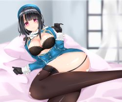 Rule 34 | 1girl, bed, beret, black bra, black gloves, black hair, black thighhighs, blue hat, blue shirt, blush, bra, breasts, garter straps, gloves, hat, highres, indoors, kantai collection, large breasts, lingerie, long sleeves, looking at viewer, lying, on side, open clothes, open shirt, pillow, red eyes, shirt, short hair, solo, surota, takao (kancolle), thighhighs, underwear, uniform