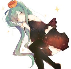 Rule 34 | 1girl, bare shoulders, black footwear, black shirt, black skirt, black sleeves, black thighhighs, boots, brown eyes, closed mouth, detached sleeves, fingernails, food-themed hair ornament, green hair, hair ornament, halloween, hands up, hatsune miku, index finger raised, long hair, long sleeves, looking at viewer, lpip, lying, on side, pumpkin, pumpkin hair ornament, shirt, shoulder tattoo, signature, simple background, skirt, sleeveless, sleeveless shirt, smile, solo, sparkle, star (symbol), tattoo, thigh boots, thighhighs, twintails, very long hair, vocaloid, white background, wide sleeves