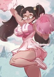 Rule 34 | 1girl, arm up, artist name, ass, bakuatsukiyu, black hair, breasts, broke-chan (bakuatsukiyu), brown eyes, cheerleader, commentary, dress, english commentary, eyebrows hidden by hair, fence, glasses, hair ornament, impossible clothes, impossible dress, large breasts, open mouth, original, pink dress, pom pom (cheerleading), rabbit hair ornament, round eyewear, round teeth, shorts under dress, solo, standing, standing on one leg, teeth, thick eyebrows, tree, twintails