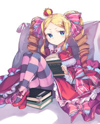 Rule 34 | &gt;:&lt;, 10s, 1girl, :&lt;, beatrice (re:zero), blonde hair, blue eyes, blush, book, bow, bug, butterfly, butterfly-shaped pupils, capelet, closed mouth, crown, dress, drill hair, frilled dress, frilled sleeves, frills, fur trim, hair ribbon, holding, holding book, insect, legs up, long hair, looking at viewer, mini crown, newey, open book, pantyhose, pillow, re:zero kara hajimeru isekai seikatsu, reading, ribbon, shoes, sidelocks, sitting, solo, striped clothes, striped pantyhose, symbol-shaped pupils, twin drills, twintails, v-shaped eyebrows, white background