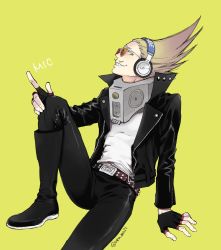 Rule 34 | 1boy, amplifier, belt, belt buckle, blonde hair, boku no hero academia, boots, buckle, character name, costume, crested hair, facial hair, fingerless gloves, foot up, gloves, green eyes, headphones, highres, jacket, knee boots, leaning back, leather, leather boots, leather jacket, leg up, long hair, male focus, mustache, open clothes, open jacket, pants, pointing, present mic, sideways glance, simple background, sitting, smile, solo, spread legs, studded belt, studded jacket, sunglasses, tinted eyewear, twitter username, ura musi, yellow background