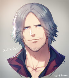 Rule 34 | 1boy, artist name, beard, copyright name, dante (devil may cry), dated, devil may cry (series), devil may cry 5, facial hair, grey hair, jacket, kuren, male focus, red jacket, solo, wrinkled skin