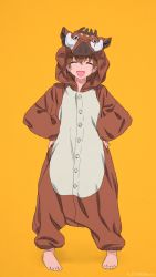 Rule 34 | 1girl, akagi (fmttps), animal costume, artist name, barefoot, brown hair, chinese zodiac, commentary, freckles, full body, girls und panzer, hands on own hips, highres, looking at viewer, open mouth, orange background, pajamas, pig costume, short hair, simple background, smile, solo, standing, tsuchiya (girls und panzer), twitter username, year of the pig