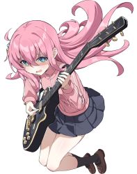 Rule 34 | 1girl, absurdres, black socks, blue eyes, blue skirt, blush, bocchi the rock!, brown footwear, cube hair ornament, electric guitar, from above, frown, gotoh hitori, guitar, hair ornament, highres, holding, holding instrument, holding plectrum, instrument, instrument request, jacket, jumping, loafers, long hair, long sleeves, looking at viewer, music, one side up, open mouth, pink hair, pink jacket, playing instrument, pleated skirt, plectrum, school uniform, shaded face, shoes, simple background, skirt, socks, solo, tamago (eva1314056), track jacket, very long hair, white background