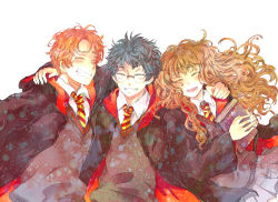 Rule 34 | 1girl, 2boys, animification, arm around neck, black hair, book, brown hair, closed eyes, colored eyelashes, freckles, friends, glasses, grin, happy, harry potter, harry potter (series), hermione granger, long hair, moonbreak, multiple boys, necktie, open mouth, pale color, red hair, robe, ron weasley, school uniform, short hair, simple background, skirt, smile, sweater, wavy hair, wizarding world