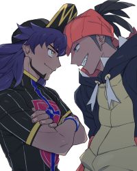 Rule 34 | 2boys, baseball cap, black hair, black hoodie, champion uniform, clenched teeth, closed mouth, commentary, creatures (company), crossed arms, dark-skinned male, dark skin, dynamax band, earrings, eye contact, face-to-face, facial hair, fingernails, game freak, gym leader, hat, highres, hood, hoodie, htkym 1003, jewelry, leon (pokemon), long hair, looking at another, male focus, multiple boys, nintendo, orange headwear, pokemon, pokemon swsh, purple hair, raihan (pokemon), shirt, short sleeves, smile, symbol-only commentary, teeth, yellow eyes