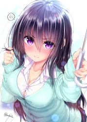 Rule 34 | &gt;:(, 1girl, black hair, blue background, blush, breasts, cardigan, cleavage, collared shirt, from above, gradient background, green cardigan, highres, holding, holding umbrella, lens flare, long hair, long sleeves, looking at viewer, medium breasts, mokufuu, original, purple eyes, shirt, skirt, solo, speech bubble, spoken blush, twitter username, umbrella, white background, white shirt