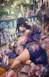 Rule 34 | 1girl, absurdres, alternate costume, animal ears, ankle rope, ass, bell, between breasts, black choker, black hair, blue hair, blue kimono, breast smother, breasts, choker, colored inner hair, curvy, face to breasts, fake tail, floral print, from behind, hair intakes, highres, hololive, hololive english, huge breasts, japanese clothes, kemonomimi mode, kimono, kronie (ouro kronii), looking at viewer, lying, multicolored hair, neck bell, no shoes, on side, on stomach, open clothes, open kimono, ouro kronii, parted lips, pink kimono, rabbit ears, rabbit girl, rabbit tail, short hair, short kimono, socks, soles, solo, tail, toes, twisted torso, virtual youtuber, vyragami, white socks, yukata