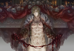Rule 34 | 1boy, abs, alfred (bloodborne), bare pectorals, blonde hair, blood, blood on clothes, blood on hands, bloodborne, blue eyes, candle, cape, chest hair, closed mouth, collarbone, ero guro, fire, fire, guro, highres, holding, holding organ, indoors, male focus, navel, organs, pectorals, pilgrim (silentreverie), ribs, sideburns, skull, smile, solo, white cape
