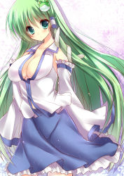 Rule 34 | 1girl, amane ruri, blush, breasts, cleavage, collarbone, detached sleeves, female focus, frog hair ornament, green eyes, green hair, hair ornament, hair tubes, highres, kochiya sanae, large breasts, long hair, matching hair/eyes, md5 mismatch, resolution mismatch, solo, source larger, touhou, type (artist), very long hair, wide sleeves