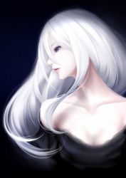 Rule 34 | 1girl, bare shoulders, black background, blue eyes, breasts, cleavage, closed mouth, dress, erise, eyelashes, hair between eyes, lips, long hair, looking away, off-shoulder dress, off shoulder, original, profile, small breasts, solo, upper body, white hair
