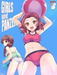 Rule 34 | 2girls, :d, armpits, arms up, artist name, ass, back, ball, beachball, bikini, blue background, blush, braid, breasts, brown eyes, commentary, copyright name, emblem, flower, from behind, frown, girls und panzer, gluteal fold, hair flower, hair ornament, hair over shoulder, highres, holding, holding ball, innertube, kasai shin, leaning forward, light blush, light particles, long hair, looking at viewer, looking back, medium breasts, medium hair, multiple girls, navel, open mouth, pink bikini, polka dot, polka dot bikini, red bikini, red hair, rosehip (girls und panzer), rukuriri (girls und panzer), side-tie bikini bottom, signature, single braid, smile, st. gloriana&#039;s (emblem), standing, swim ring, swimsuit, thighs, water drop