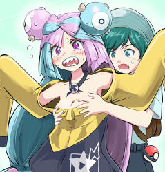 Rule 34 | 1boy, 1girl, armpits, bow-shaped hair, character hair ornament, creatures (company), florian (pokemon), game freak, grabbing, grabbing another&#039;s breast, grey pantyhose, hair ornament, iono (pokemon), jacket, multicolored hair, nintendo, oversized clothes, pantyhose, pokemon, pokemon sv, ryp, sharp teeth, single leg pantyhose, sleeves past fingers, sleeves past wrists, split-color hair, teeth, very long sleeves, x, yellow jacket