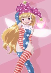 Rule 34 | 1girl, adapted costume, alternate legwear, american flag, american flag gloves, american flag legwear, american flag print, arm behind back, arm behind head, arm up, bare shoulders, blonde hair, clownpiece, commentary request, elbow gloves, fairy wings, fire, flag print, gloves, hat, highleg, highleg leotard, holding, jester cap, leotard, neck ruff, open mouth, pink background, pink eyes, polka dot, print gloves, smile, solo, star (symbol), star print, striped clothes, striped thighhighs, thighhighs, torch, touhou, wings, winn