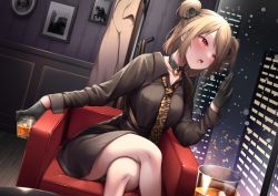 Rule 34 | 1girl, alcohol, black gloves, blush, breasts, brown shirt, collared shirt, commission, couch, crossed legs, double bun, girls&#039; frontline, glass, gloves, hair bun, light brown hair, looking away, medium breasts, necktie, official alternate costume, p90 (girls&#039; frontline), p90 (the girl from b.e.l) (girls&#039; frontline), partially unbuttoned, partially undressed, pov, red eyes, shirt, short hair, skeb commission, solo focus, yaosera