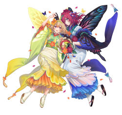 Rule 34 | 2girls, absurdres, black gloves, blonde hair, blue eyes, blue hair, bug, butterfly, commentary request, confetti, facial mark, fairy wings, fire emblem, fire emblem heroes, full body, gloves, gradient hair, hair ornament, hair over one eye, highres, holding, insect, japanese clothes, kimono, kippu, long hair, looking at viewer, multicolored hair, multiple girls, nintendo, official art, orange hair, peony (fire emblem), petals, pointy ears, purple hair, sandals, shimekazari, smile, tanbi, triandra (fire emblem), white background, white legwear, wide sleeves, wings
