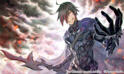 Rule 34 | 1boy, abs, armor, artist name, black gloves, cape, cloud, cloudy sky, copyright name, garutaisa, gloves, grin, hair over one eye, holding, holding weapon, male focus, multicolored hair, orange eyes, short hair, sky, smile, streaked hair, weapon, your chronicle