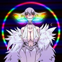 Rule 34 | 1girl, bare shoulders, breasts, dress, female focus, highres, jacket, jacket on shoulders, kill la kill, kiryuuin ragyou, large breasts, lipstick, makeup, mature female, multicolored hair, rainbow background, rainbow hair, red eyes, smile, solo, white dress