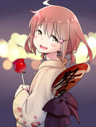 Rule 34 | 10s, 1girl, :d, ahoge, alternate costume, alternate hairstyle, blush, brown eyes, brown hair, candy apple, fang, from behind, hair ornament, ikazuchi (kancolle), japanese clothes, kantai collection, kimono, looking at viewer, looking back, myonde, obi, open mouth, sash, short hair, short ponytail, smile, solo, yukata