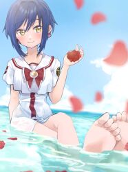Rule 34 | 1girl, aika granzchesta, aogirism, aria (manga), arm behind back, bare legs, barefoot, blue sky, blurry, blurry foreground, blush, closed mouth, cloud, cloudy sky, collarbone, crossed legs, day, dress, earrings, eyelashes, falling petals, feet, flower, foreshortening, hair between eyes, hand up, highres, himeya company uniform, holding, jewelry, looking at viewer, ocean, outdoors, partially submerged, petals, rose, short hair, short hair with long locks, short sleeves, sitting, sky, smile, soles, solo, thighs, toes, white dress, yellow eyes