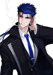 Rule 34 | 1boy, bad id, bad pixiv id, blue hair, cigarette, cu chulainn (fate), danhu, earrings, fate/stay night, fate (series), formal, jewelry, cu chulainn (fate/stay night), male focus, necktie, ponytail, red eyes, solo, suit
