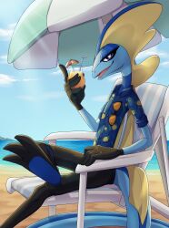 Rule 34 | absurdres, beach, beach chair, beach umbrella, black gloves, blue shirt, blue sky, clothed pokemon, creatures (company), day, drink, game freak, gen 8 pokemon, gloves, highres, inteleon, looking at viewer, midna01, nintendo, no humans, ocean, open mouth, outdoors, pineapple print, pokemon, pokemon (creature), relaxing, shirt, sitting, sky, solo, sunglasses, umbrella