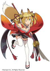 Rule 34 | 1girl, ;), animal ears, bare shoulders, bell, blonde hair, breasts, cleavage, fox ears, fox tail, full body, go robots, green eyes, grin, hair bell, hair ornament, hand on own hip, highres, japanese clothes, leaning forward, naginata, one eye closed, polearm, sandals, short twintails, simple background, smile, solo, tail, thighhighs, twintails, waguruma!, weapon, white background, white thighhighs, wide sleeves, wink