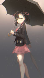 Rule 34 | 1girl, absurdres, aqua eyes, asymmetrical bangs, asymmetrical hair, black hair, black jacket, black umbrella, blush, breasts, choker, chromatic aberration, commentary request, creatures (company), dress, from side, game freak, guisin (chibi ghost), hair ribbon, highres, holding, holding umbrella, jacket, long sleeves, looking at viewer, marnie (pokemon), medium breasts, medium hair, nintendo, open clothes, pink dress, pokemon, pokemon swsh, rain, red ribbon, ribbon, solo, twintails, umbrella
