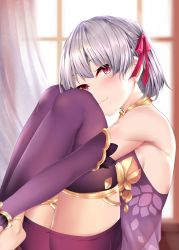 Rule 34 | 1girl, ai(4522167), armlet, armor, bare shoulders, bikini armor, blush, bracelet, breasts, closed mouth, collar, curtains, detached sleeves, dress, earrings, fate/grand order, fate (series), floral print, hair ribbon, highres, hugging own legs, jewelry, kama (fate), kama (first ascension) (fate), knees up, looking at viewer, metal collar, miniskirt, pelvic curtain, pink ribbon, purple dress, purple skirt, purple sleeves, purple thighhighs, red eyes, ribbon, short hair, silver hair, sitting, skirt, small breasts, smile, solo, thighhighs, thighlet, thighs, window