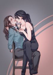Rule 34 | 2girls, black eyes, black hair, black pants, black tank top, blue shirt, bound, bound wrists, breasts, brown eyes, brown hair, chair, collarbone, collared shirt, commentary, crossed arms, grabbing another&#039;s hair, highres, holding, holding knife, holding weapon, knife, blade to throat, lips, long hair, long sleeves, lunorafc, medium breasts, multiple girls, open collar, pants, parted lips, person of interest, ponytail, red lips, root (person of interest), sameen shaw (person of interest), shirt, sitting, sitting on lap, sitting on person, tank top, weapon, yuri