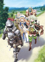 Rule 34 | 2girls, 3boys, :d, armor, arrow (projectile), backpack, bag, black gloves, blonde hair, blue eyes, boots, bow (weapon), brown cape, brown shorts, buckler, cape, closed mouth, cover image, day, dress, dwarf, dwarf shaman (goblin slayer!), elf, full body, furry, furry male, gauntlets, gloves, goblin slayer, goblin slayer!, greaves, green eyes, green hair, hand up, hat, helmet, high elf archer (goblin slayer!), highres, holding, holding staff, kannatsuki noboru, lizard priest (goblin slayer!), lizardman, long hair, long sleeves, multiple boys, multiple girls, novel illustration, official art, open mouth, outdoors, plume, pointy ears, ponytail, priestess (goblin slayer!), quiver, second-party source, shadow, sheath, sheathed, shield, shorts, silver hair, smile, staff, textless version, thigh boots, thighhighs, walking, weapon, white headwear