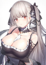 Rule 34 | 1girl, arm under breasts, azur lane, bare shoulders, between breasts, black dress, blush, breasts, cleavage, dress, earrings, formidable (azur lane), frilled dress, frills, grey hair, hair ornament, hair ribbon, jewelry, large breasts, long hair, long sleeves, looking at viewer, red eyes, ribbon, solo, topia, twintails