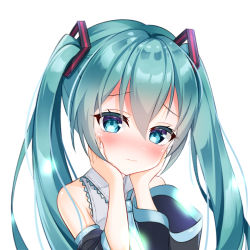 Rule 34 | 1girl, aqua eyes, aqua hair, bare shoulders, closed mouth, commentary, detached sleeves, frilled shirt, frills, hair between eyes, hair ornament, hands on own face, hatsune miku, shimo shiina, shirt, simple background, solo, twintails, upper body, vocaloid, wavy mouth, white background, wide sleeves