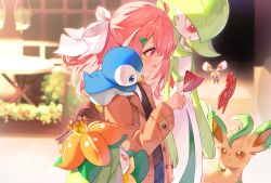 Rule 34 | 1girl, ahoge, backpack, bag, blurry, blush, brown bag, brown sweater, buttons, commentary request, creatures (company), crossover, cutiefly, day, game freak, gardevoir, gen 3 pokemon, gen 4 pokemon, gen 5 pokemon, gen 7 pokemon, hair ornament, hair ribbon, hairclip, hand up, index finger raised, kanase (mcbrwn18), leafeon, lilligant, long hair, long sleeves, nijisanji, nintendo, open clothes, open mouth, outdoors, pants, pink hair, piplup, pokemon, pokemon (creature), purple eyes, ribbon, rotom, rotom phone, sasaki saku, sweater, table, tongue, virtual youtuber, white ribbon